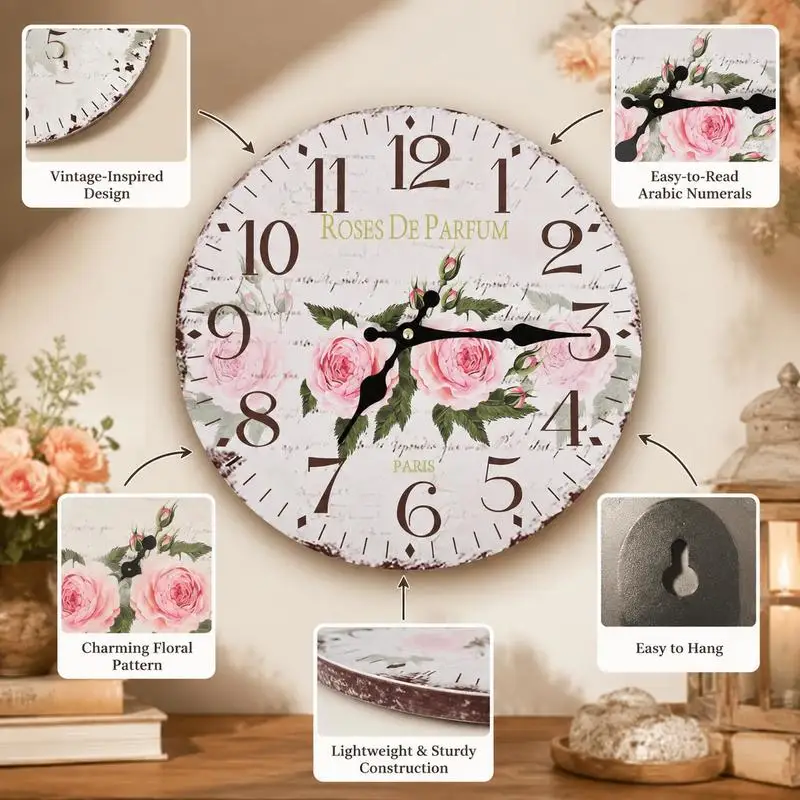 Horloge murale vintage à motifs floraux multicolores, diamètre 30 cm en MDF solide. Cadran lisible à distance, simple à accrocher, fonctionne avec une pile AA non fournie, apporte une touche rétro au salon ou à la cuisine.