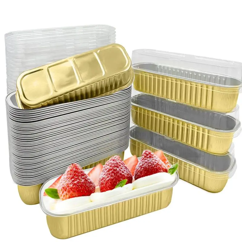 A67P-50PCS Disposable Aluminum Baking Cups Mini Loaf Pans Rectangle Muffin Tins Mini Narrow Cake Pans For Party