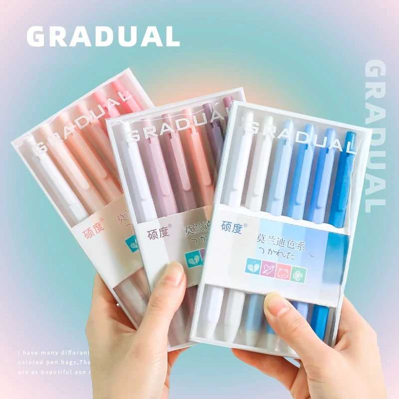 6pcs Gradual Color Gel Pen Set Simple Design Hexagonal Barrel 0.5mm Ballpoint Black Color Ink Writing Office School F7303