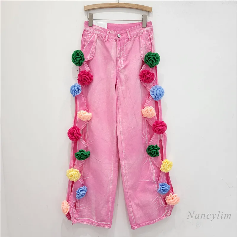 Fashionable Three-Dimensional Flower Design Jeans Denim Pants Women Side Twist Ripped Fried Street Wide-Leg Pants Pink Jeans