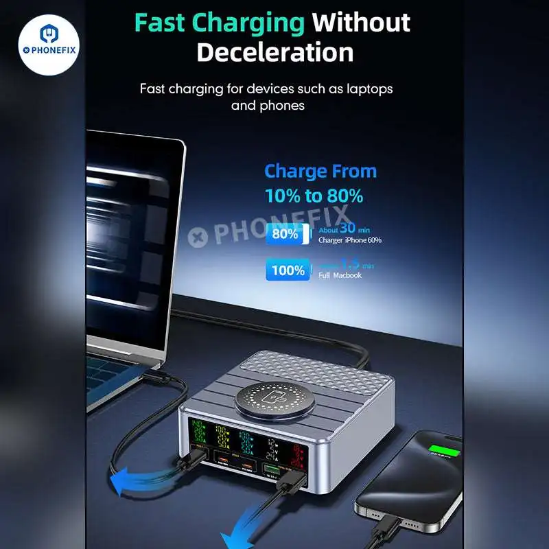 محطة شاحن متعددة المنافذ بقدرة 260 وات مع شاشة عرض رقمية للشحن اللاسلكي QC3.0 PD3.1 شحن سريع لهاتف iPhone Xiaomi ipad