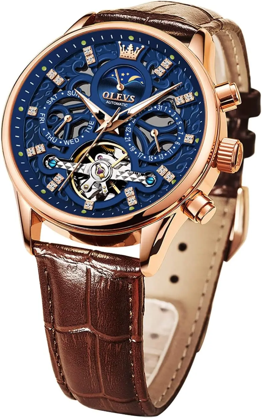 

Men's Automatic Skeleton Watch with Moon Phase, Luminous Hands, Waterproof, Brown Leather Strap