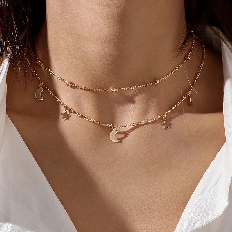Aihua Simple Star Moon Necklace Fashion Double Layer Women Clavicle Minimalist Pendant Necklaces Collares Jewelry Bijoux Gifts