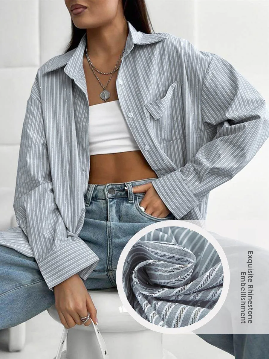 

Commute Cotton Medium Long Women's Striped irt Turn-down Collar Long Sve Busin Casual Sle Faionable Office Wear