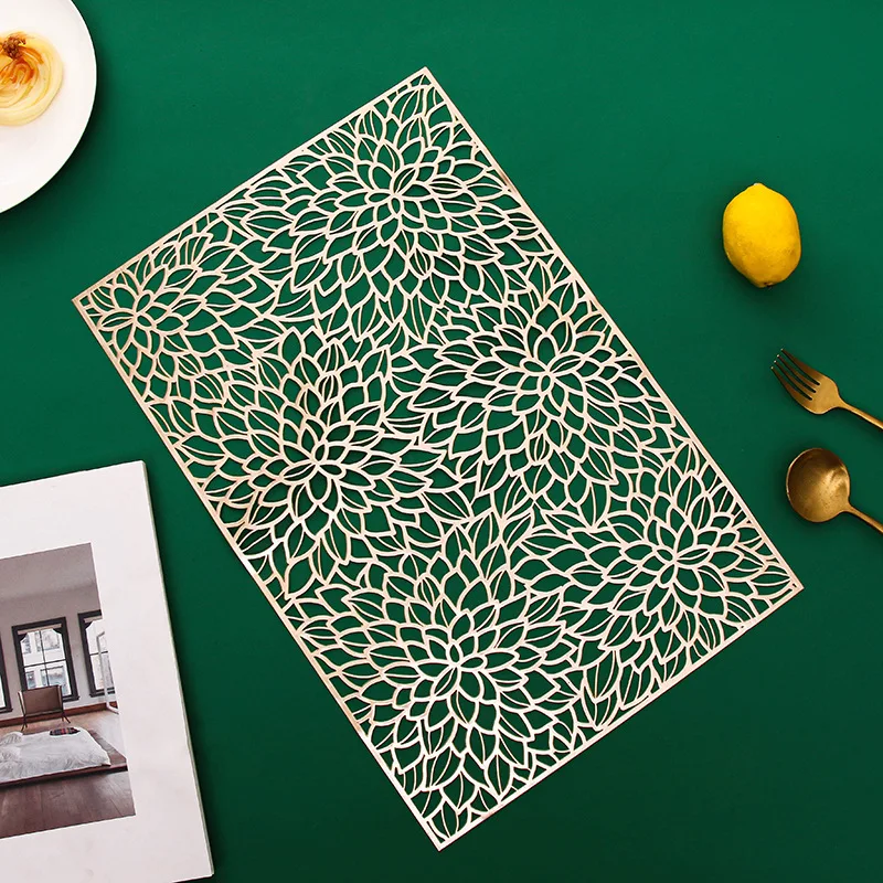 Rectangular Leaf Shape Placemats PVC Mat Hollow Out Flower Table Mats Vinyl Place Mats for Dining Kitchen Restaurant Table Decor