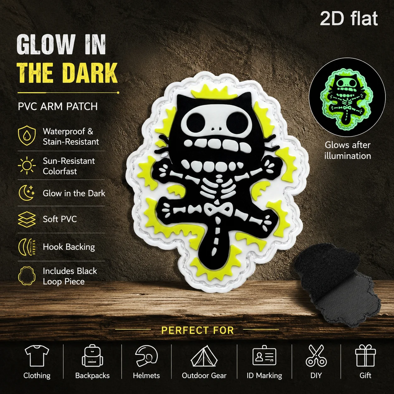 Lightning Explosion Border Skeleton Kitten Alien Glow-In-The-Dark Logo Badge 2D Flat Pvc Material Magic Sticker Patch Free Felt Backing Optional Specifications 1Pc 2Pcs 3Pcs Layered 3D Embossed Edge Non-Peeling Functional Jacket Personalized Decorative Accessory