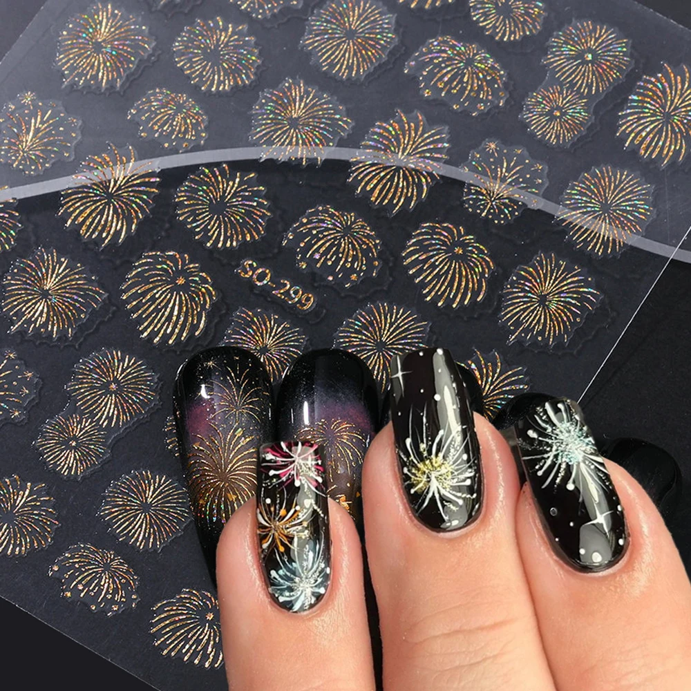 1 feuille 3D dégradé Champagne or irisé feu d'artifice Nail Art autocollants scintillant feu d'artifice ongles décalcomanie nouvel an manucure décalcomanie