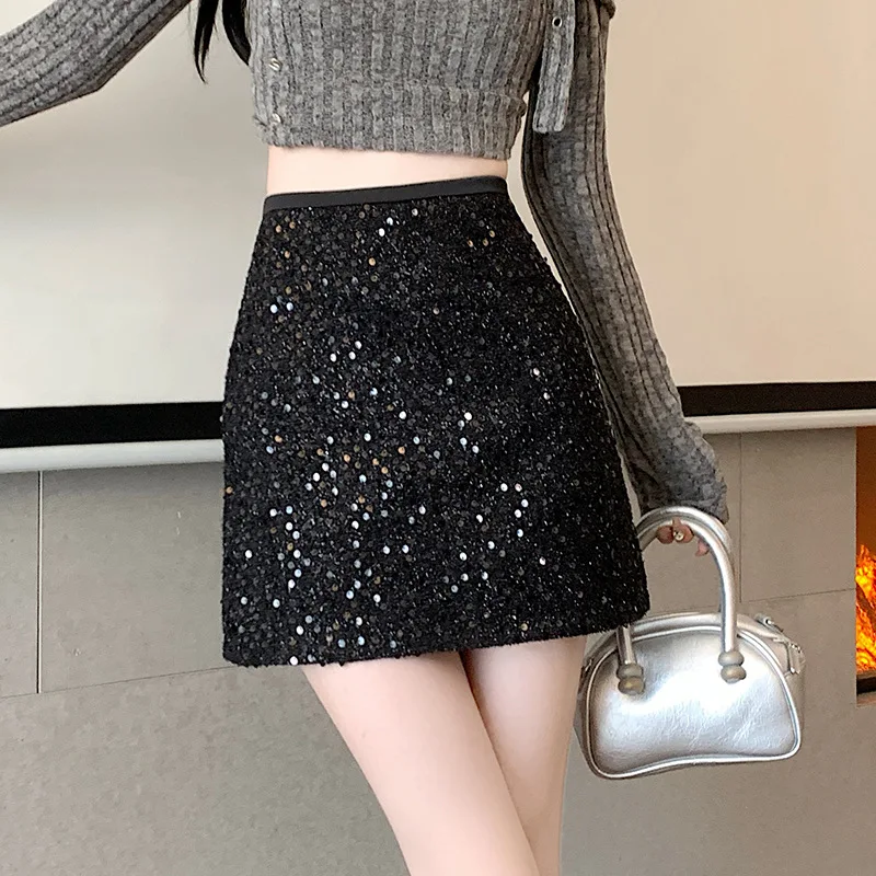 2026 Korean Spice Girl Heavy Industry Sequined Hip Skirt Word Skirt