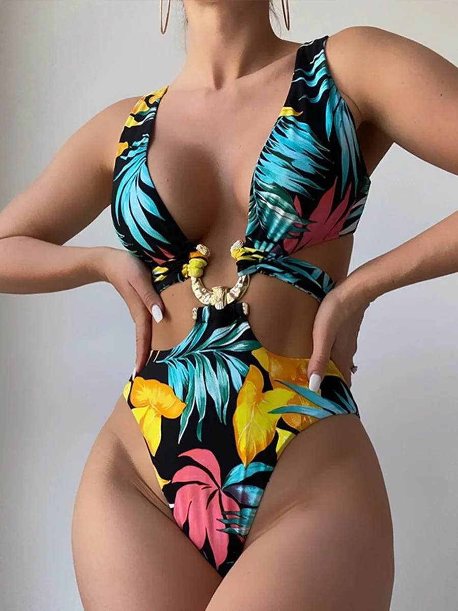 Gợi Cảm Lá In Hình Cắt Ra Quần Áo Bơi Nữ 1 Mảnh Nữ Cổ Cao Monokini Bather Áo Tắm Bơi Nữ