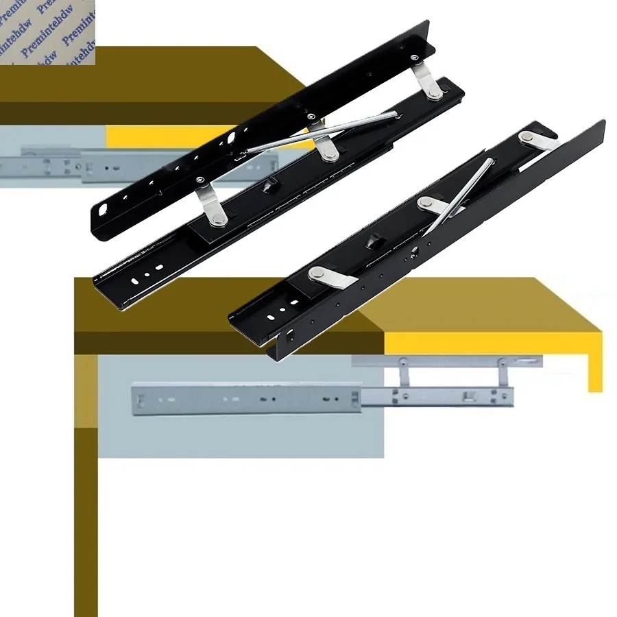 1 Paire de glissières d'extension de table en acier dissimulées avec support de levage à ressort par traction et rétraction, argent/noir