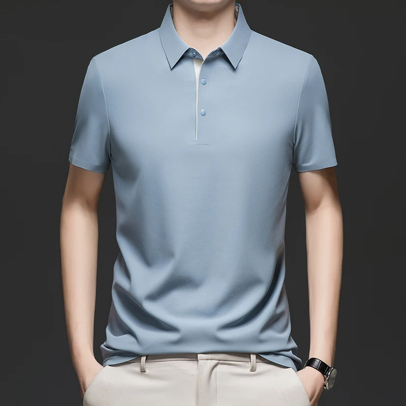 

Мужская модная рубашка-поло без следов, лето 2024, деловая одежда против морщин, футболки с отложным воротником, бесшовные рубашки с короткими рукавами