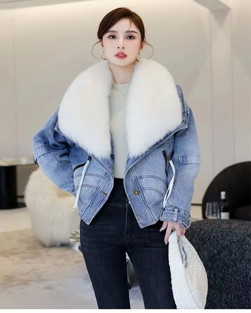 2023 Winter Women New Luxury Natural True Fox Fur Big Collar Goose Down Denim Down Jackets Short Warm Casual Jacket Coat