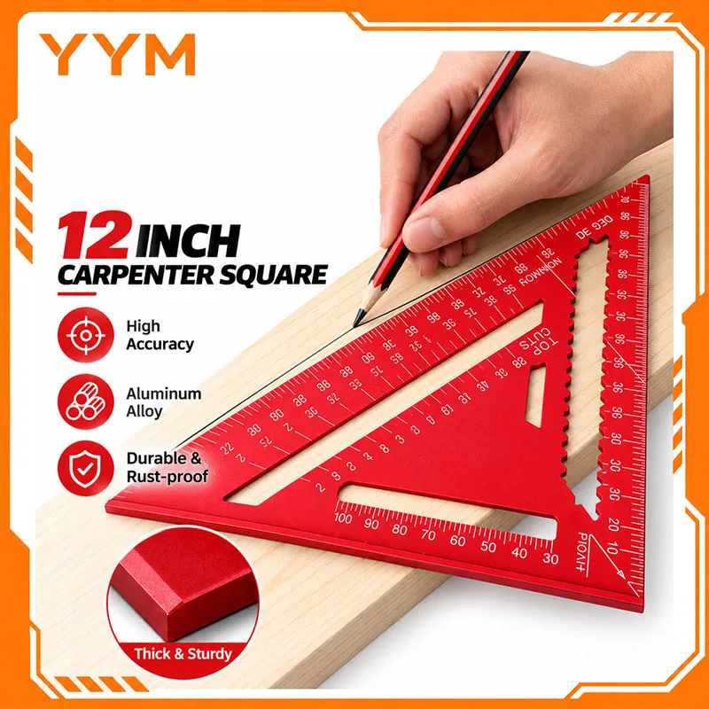 YYM 12 Inch Alloy Metal Triangle Square Ruler Protractor Woodworking Carpenter Precision Angle Measuring Gauging Tool