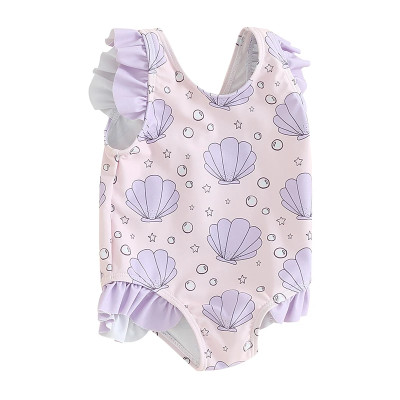 Infant Toddler Baby Girl Swimsuit Sleeveless Shell Star Print Frill Trim Bathing Suit Summer Beach Wear