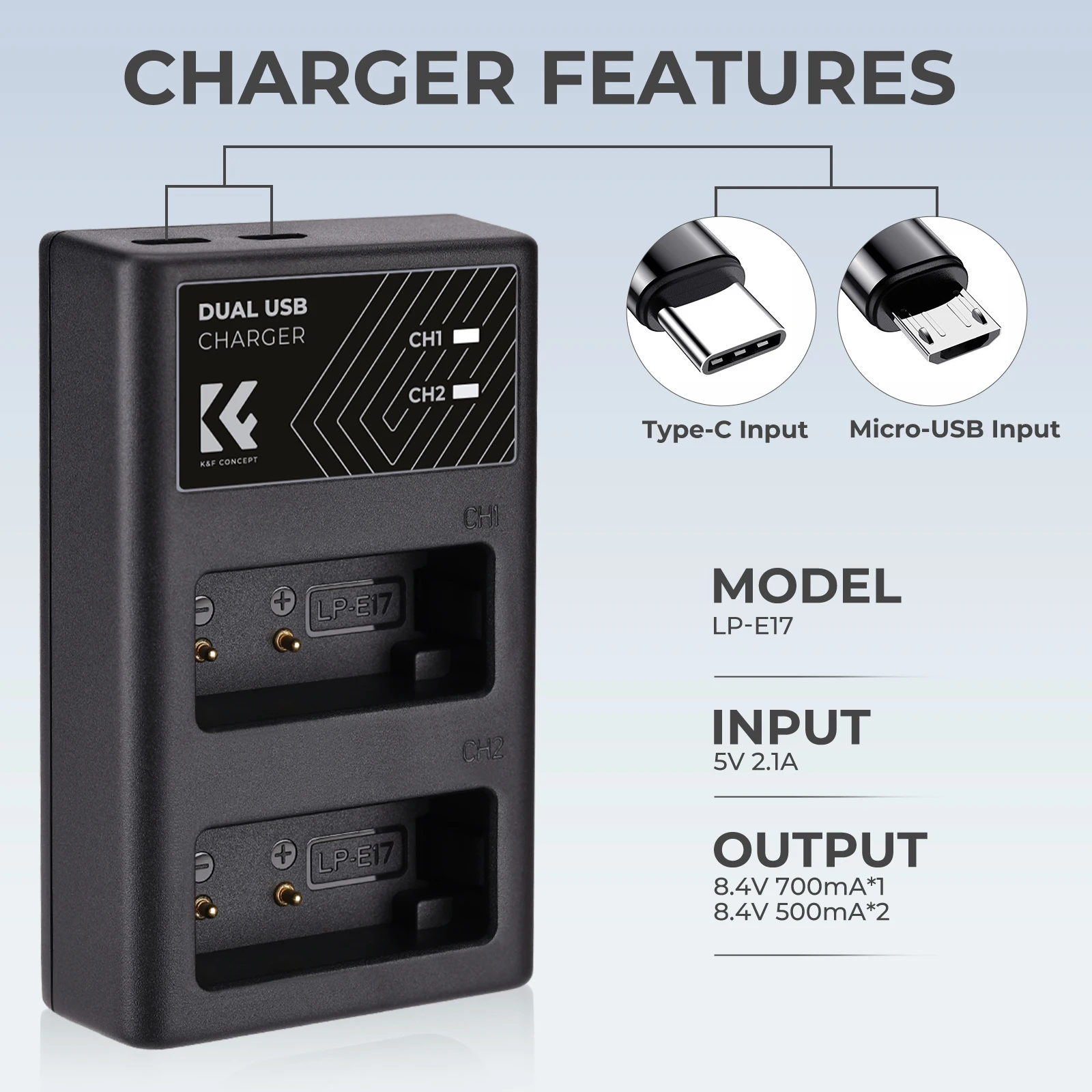 K&F Concept LP-E17 Battery Charger Dual Slot Quick Charger for Canon EOS RP Rebel T8i T7i T6i T6s SL2 SL3 EOS M3 M5 200D Cameras