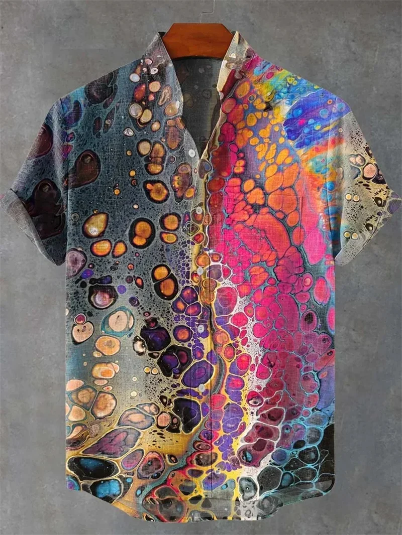 

New Men's Ethnic Style 3D Printing Design Casual Vacation Linen Top Shirt Hawaiian Beach Lapel Short-sleeved Breathable Fashion