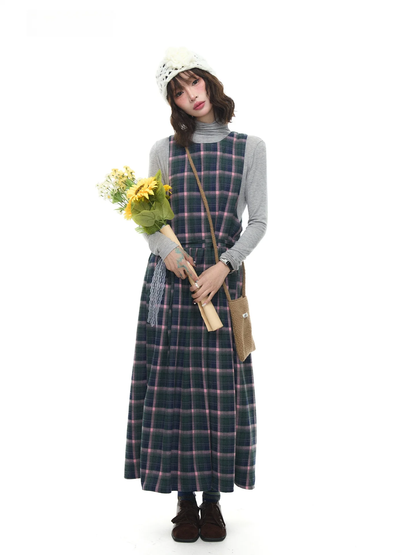 

Женский шерстяной жилет Astrisk в корейском ретро-стиле с поясом и длинная юбка А-силуэта в клетку