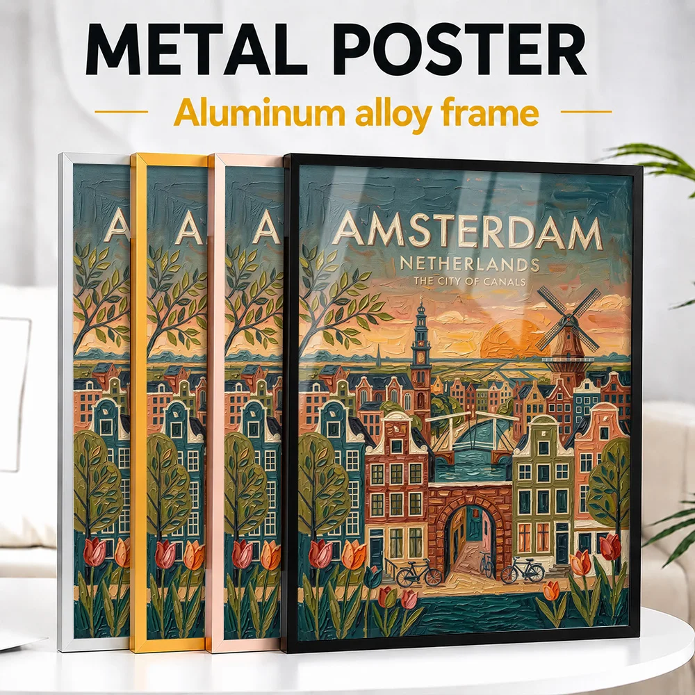 Amsterdam City Netherlands Of Canals Metal Poster With Aluminum Alloy Frame Customized Vintage Wall Art For Office Reception