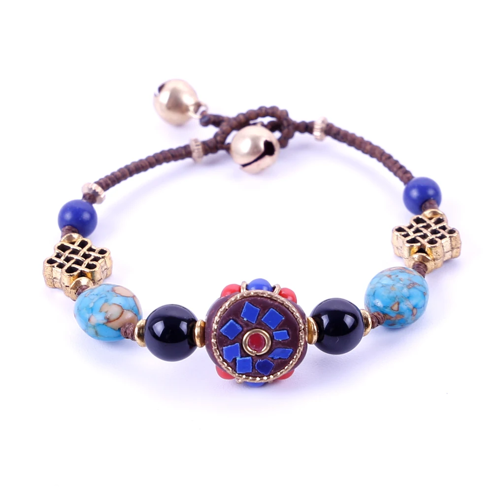 الأصلي أساور التبتية بوهيميو العرقية نمط الرجعية تصميم المنسوجة مضفر الخرز البرونزي جرس سوار للرجال النساء مجوهرات