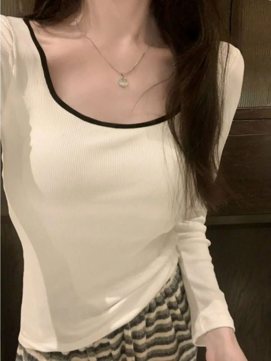 Women's Long Sleeve Fleece Lined Base Shirt Square Collar Inner Wear Autumn Winter Thermal Slim Fit Top with Chest Pad