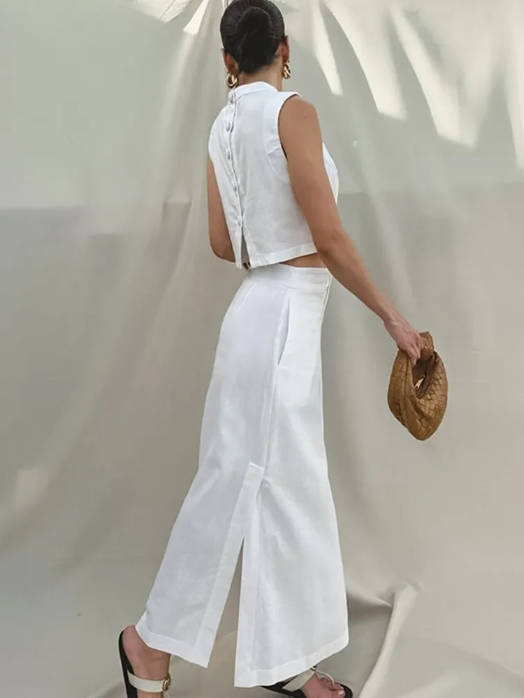 

2025 Summer New White Cotton Sleeveless Stand Collar Top + Slit Loose Long Skirt Two-piece Simple Commuter Office Ladies Suit