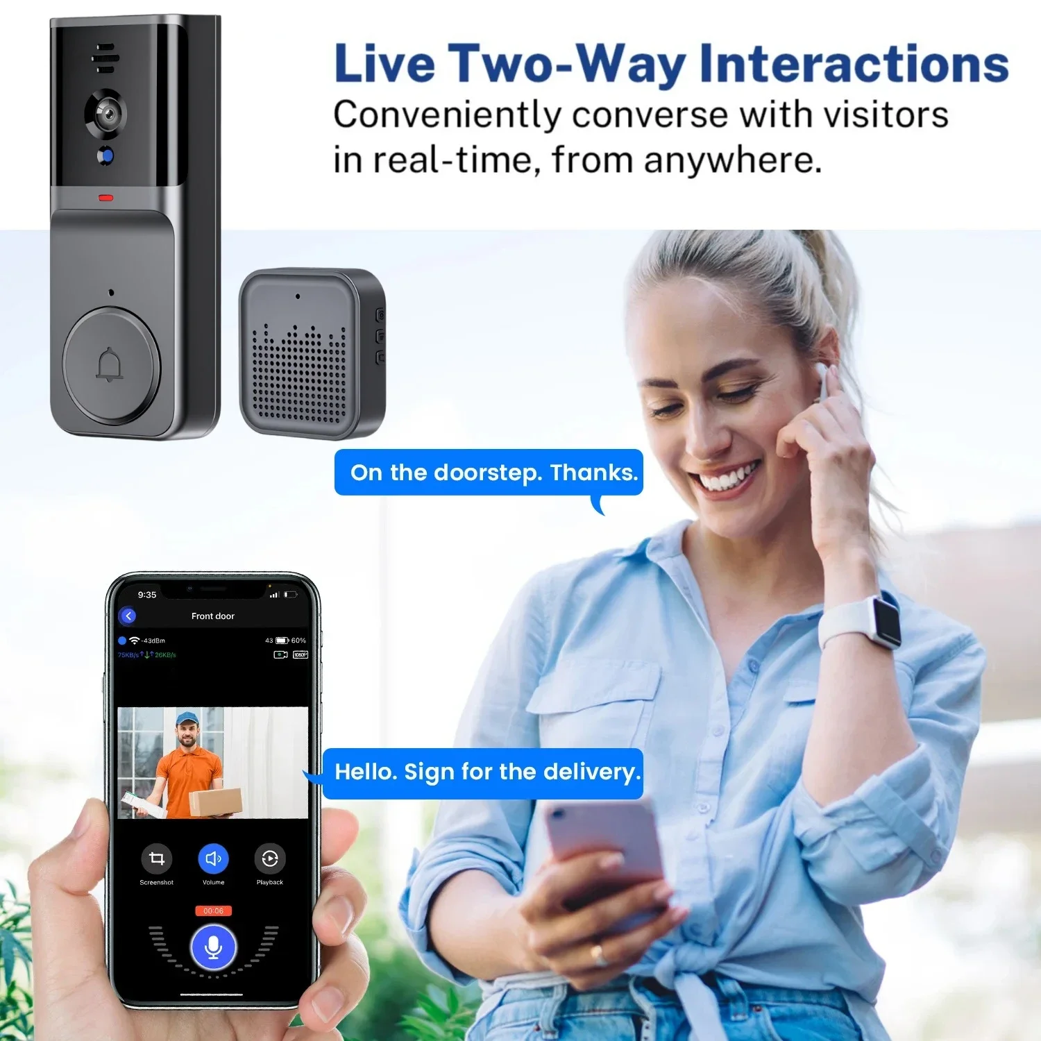Tuya Video Doorbell 1080P Peephole Door Camera Wifi Wake-up Remote Control Intercom Motion Detection Door Bell Wireless Doorbell
