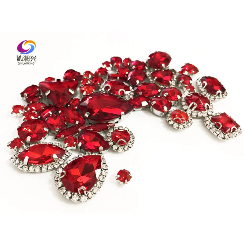 Mix Shape Red Crystal Buckle Glass Rhinestones, Silver Bottom, DIY Clothing Sewing Accessories, Used for Needlework, 50Pcs/bag