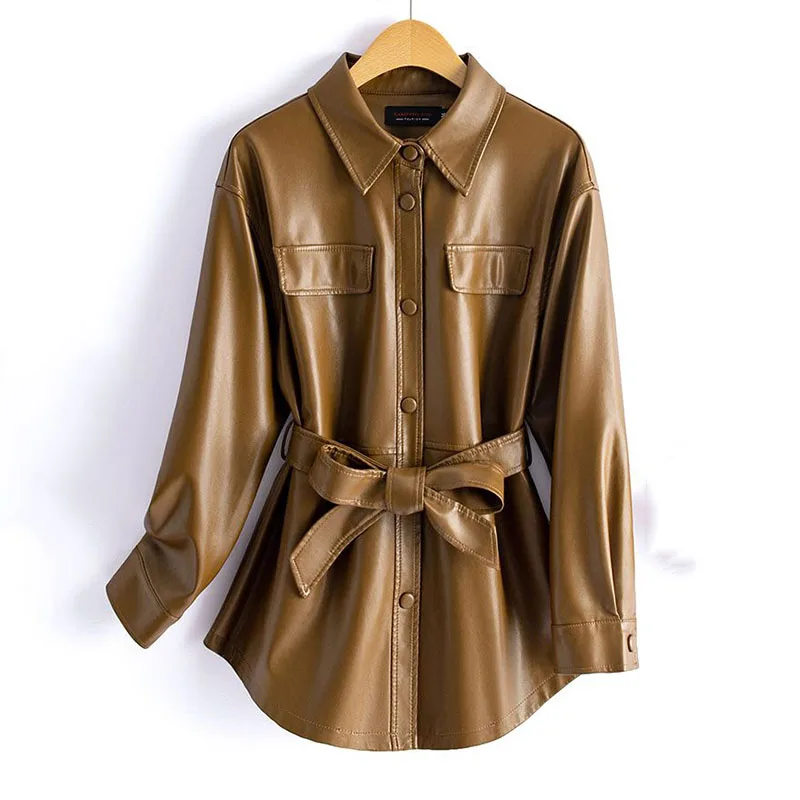 Temperament Casual Women Top 2024 New Fashion Women Genuine Leather Coat Spring Autumn Solid Color Wysokiej jakości skórzany płaszcz H59