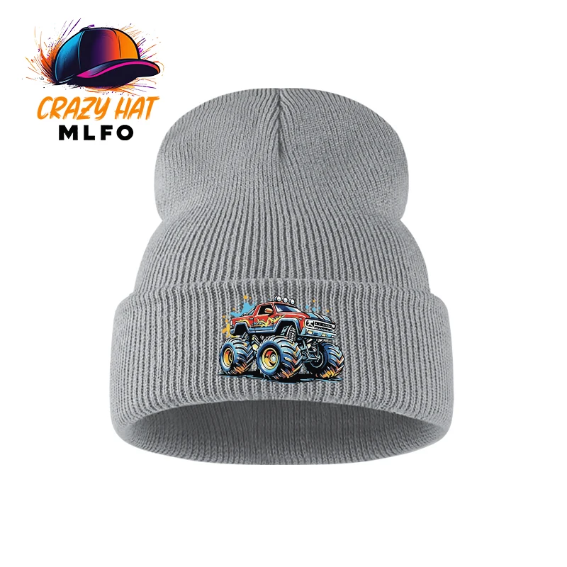 Cool Boys Outfit Knit Cold Hat 1‑3Y Monster Truck Cartoon Print Toddler Knitted Beanie Playtime Children Head Cap view 3