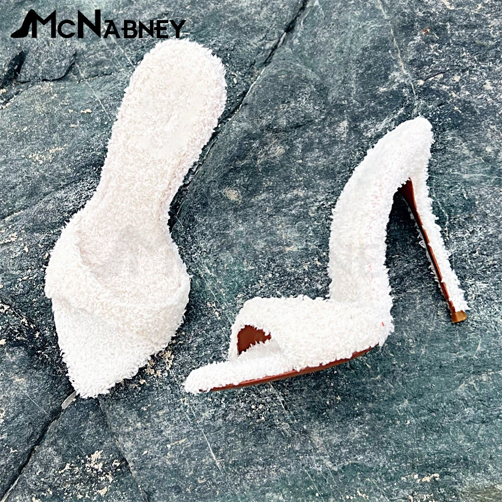 

White Fur Pointed Toe Slippers Super High Heel Summer Slippers 12 Cm Stiletto Super High Heel Shoes Luxurious Multicolor Sandals