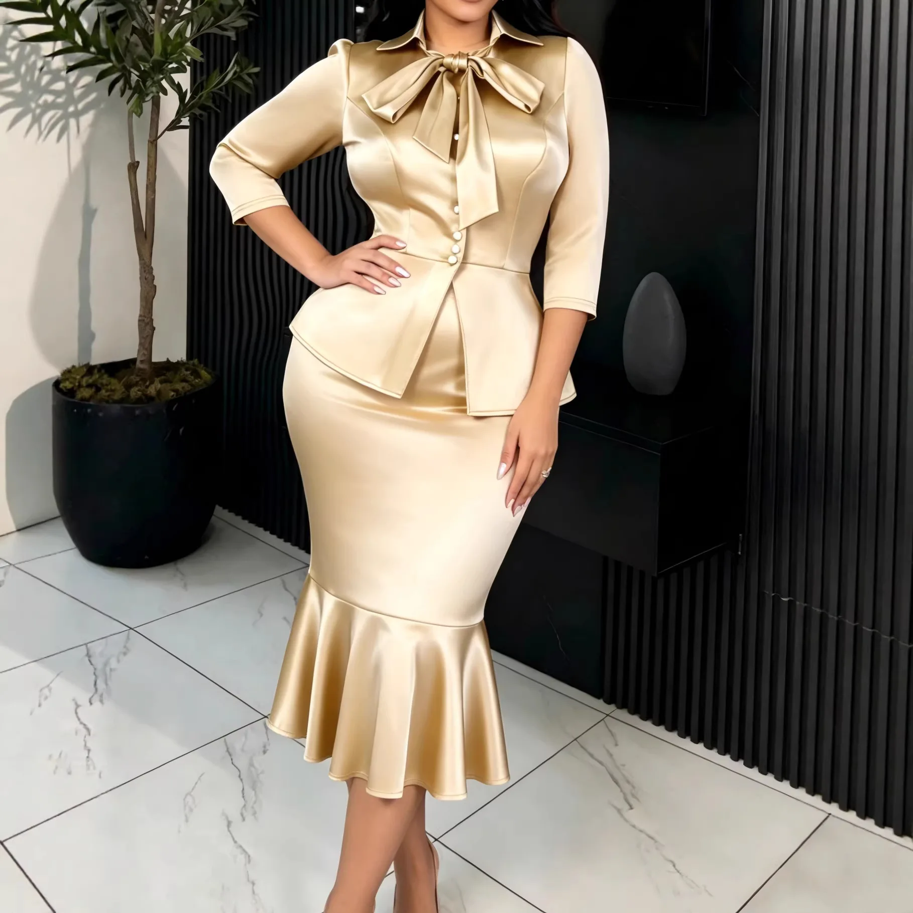 2026 Herbst Neues Elegantes Satin-Kleid mit Schleife Taillierter Blazer Fishtail Bodycon Kleid Zweiteiler-Set – Detail 4