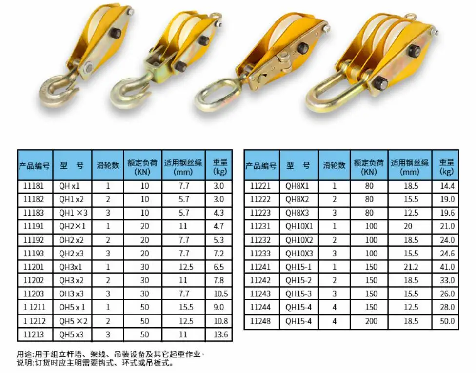 Lifting pulley Tower hoisting single and double three wheels 1T2T3T5T8T10 tons aluminum alloy nylon wheel hoisting pulley