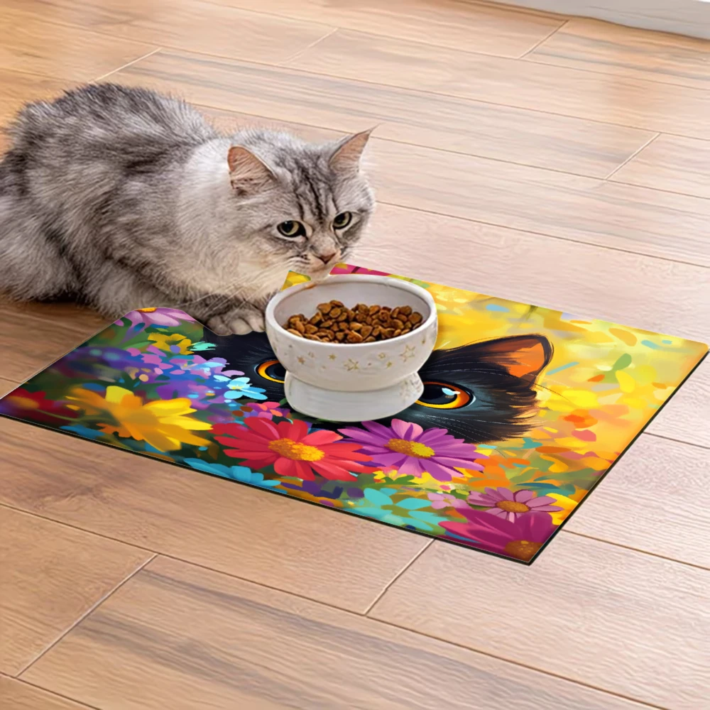 

Нескользящий коврик для кормления домашних животных Black Cat Flower Garden Art, товары для животных, защита от брызг и скольжения, коврики для кошек и собак