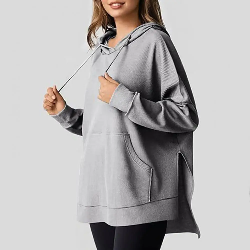 Women Hoodie Women's Waffle Texture Knit Hoodie with Drawstring Hood Slit Hem Loose Fit Sportswear Top with Big Pocket for Fall