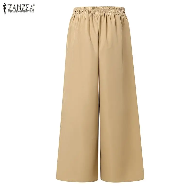 ZANZEA Women Wide-Leg Pant Korean Fashion Elastic Back Waist V-Shaped Seam Solid Color Trousers Commute Pantalones Streetwear