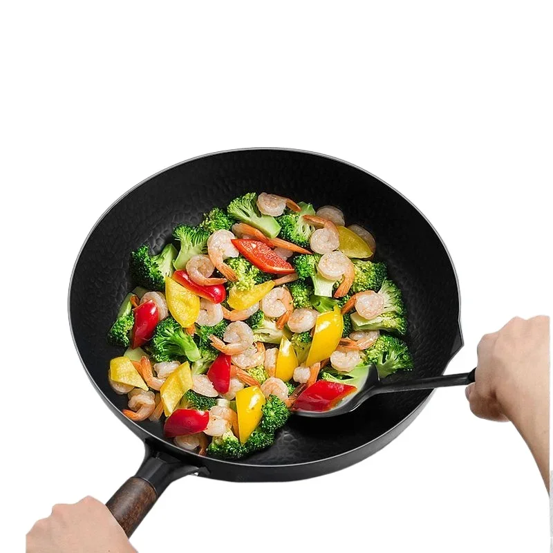 Carbon Steel Wok Pan 32cm Stir-Fry Pans with Wooden Lid Uncoated Flat Bottom Chinese Pan for Induction Electric Gas All Stoves