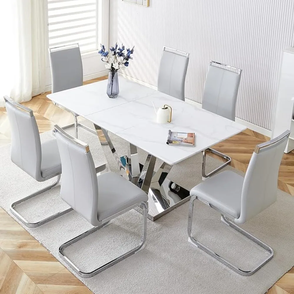 

Modern Dining Table Sets,Kitchen Tables and 6 PU Leather Upholstered Dinings Chairs,6 Piece Faux Marble Dining Table Set