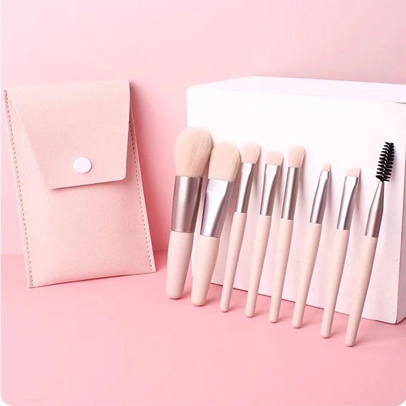 Apricot 8pcs makeup brush set Mini portable makeup brush set Beginner beauty tool High-grade ultra soft powder powder eye shadow