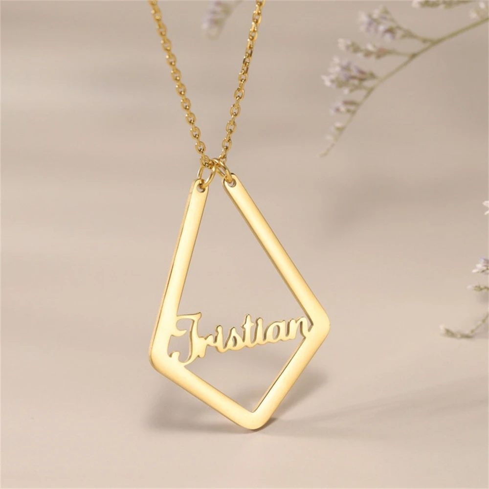 Vintage Bijoux Customized Keeper Name Necklace Diamond Shape Clavicle Chain Stainless Steel Choker For Women Jewelry BFF Gift