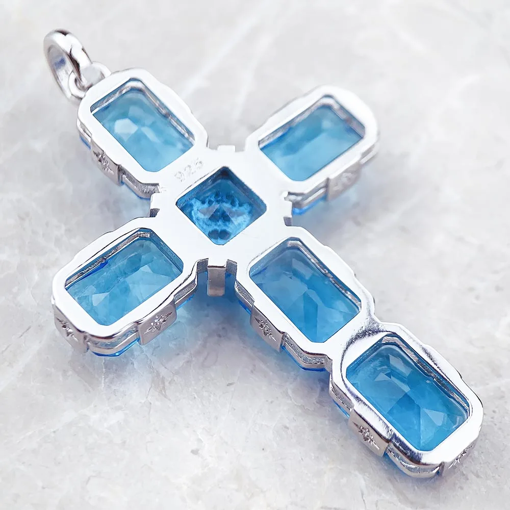 Pendant Cross With Large Aquamarine-Coloured Stones And Star Brand New Fine Jewelry Europe 925 Sterling Silver Gift For Woman