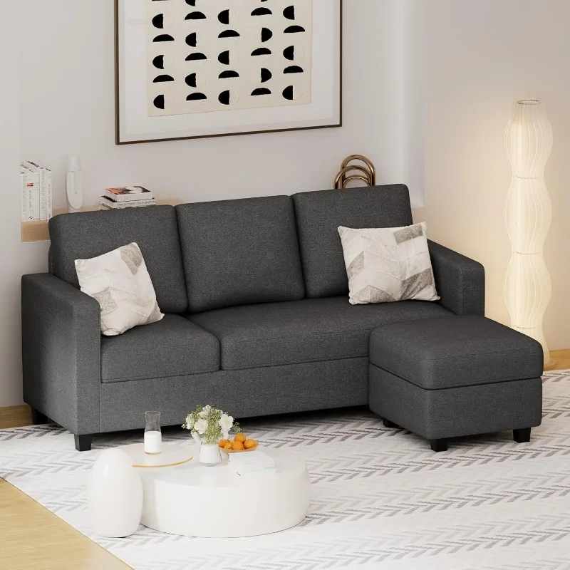 Sofa, Sectional Couch with Reversible Chaise, Fabric Small Sofa for Living Room, Dark Grey, 64.2x42.5x16.9 inches, 660l