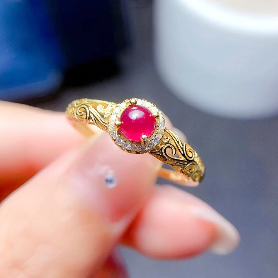 

5mm 0.5ct Cabochon Ruby Ring Vintage 925 Silver Ruby Jewelry No Fading 3 Layers Gold Plating Garnet Jewelry