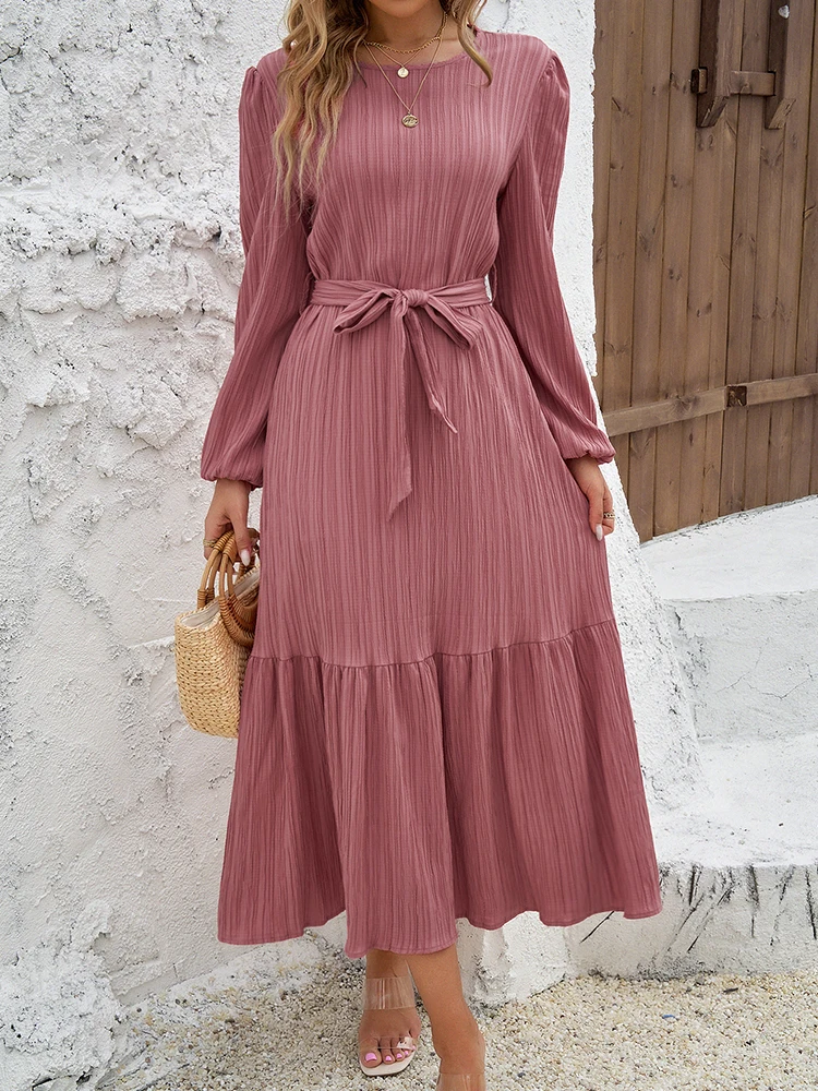 2024 Autumn Winter New Arrivals Dress Elegant O-neck Solid Texture Flounce Long Dress Women Winter New Long Sleeve Dress Sales