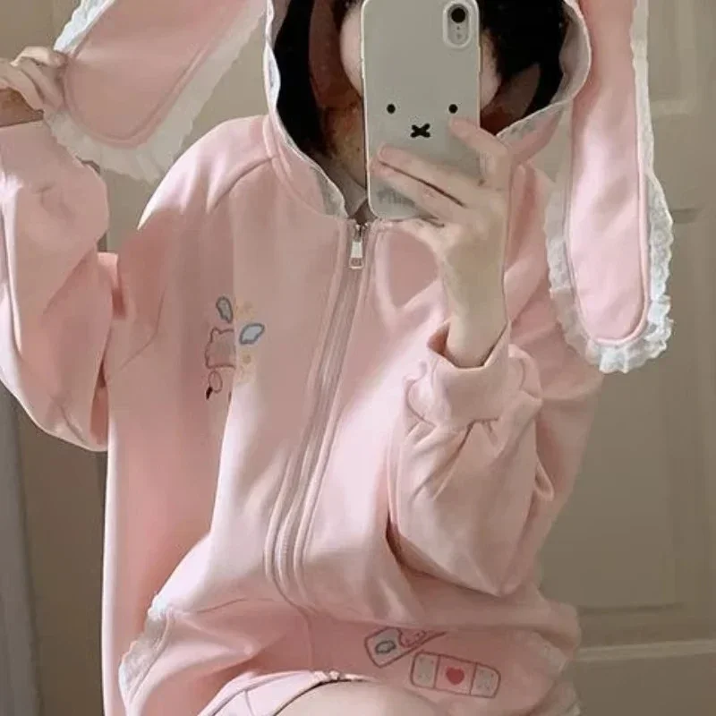 Japanese New Pink Kawaii Cute Cartoon Hoodie Women Y2k Aesthetic Patchwork Pocket Hoody Casual Grunge Zipper Sweatshirts