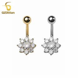 G23titan White CZ Zircon Flower Belly Button Ring Surgical Titanium Barbell 14G Body Jewelry Decoration Navel Ombligo Piercing