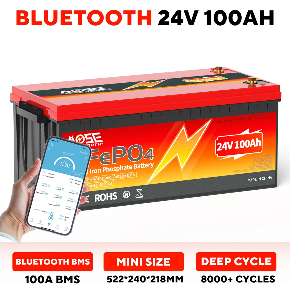 24V 100Ah LiFePO4 Battery Pack with Bluetooth BMS Lithium Iron Phosphate Rechargeable Batteries For Solar RV Home Storage Boat