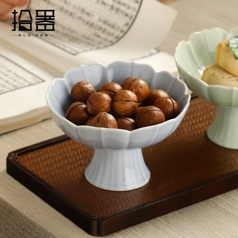 

Ceramic high foot plate household high foot Chinese fruit plate tea plate Japanese retro dim sum plate for Buddha pastry plate t