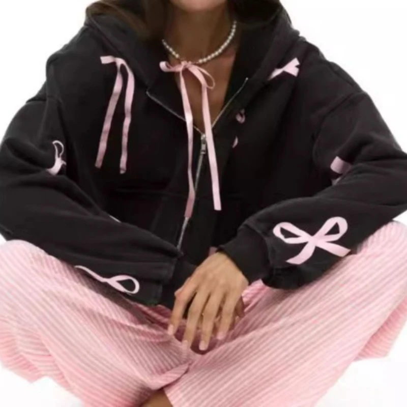 

Deeptown Y2k Sweet Bow Print Women's Hoodies Black Zip Up Long Sleeve American Style Hooded Sweatshirts Loose Harajuku Casual