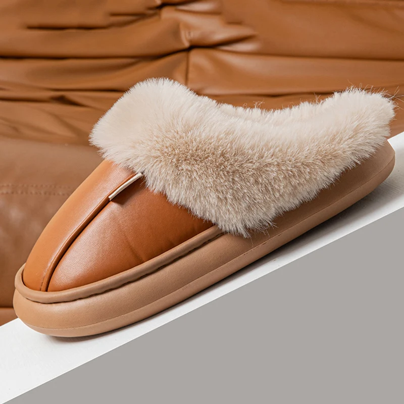 Markendesign PU-Leder Plüsch Winterhausschuhe Damen 2026 Warme Flauschige Pelz Wasserdichte Hausschuhe Damen Weiche Sohle Plateau-Slides – Detail 5