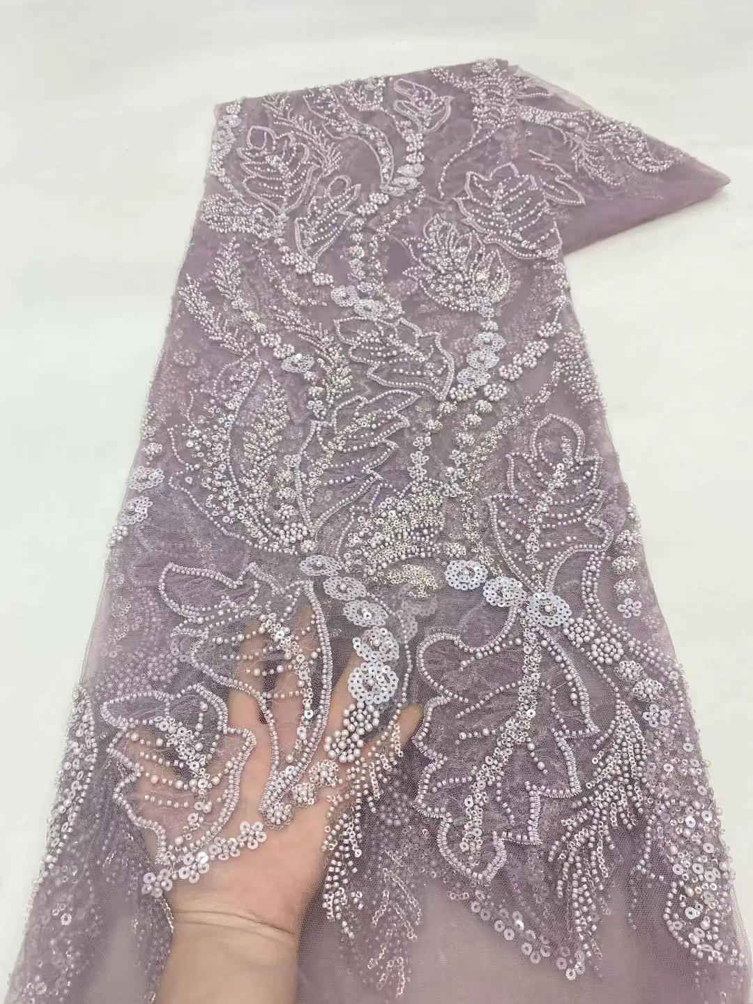 Luxury African Beaded Lace Fabric High Quality 2025 Beads 3d Embroidery French Tulle Laces 5 Yards for Nigerian Wedding Dress